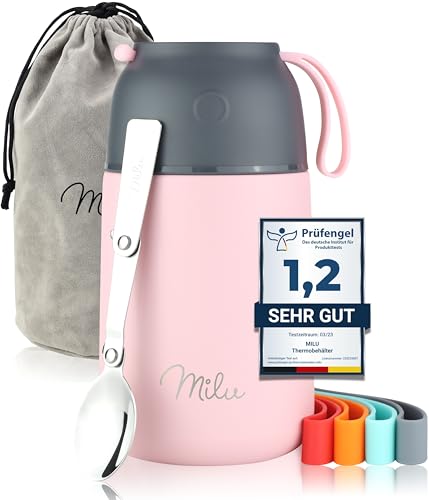 Milu® Thermobehälter 450, 650ml | Edelstahl Warmhaltebehälter | Essensbehälter | Speisegefäß Babynahrung | Essen warmhalten Behälter | Thermo Lunchbox | Müsli to go | Rosa, 650ml von Milu