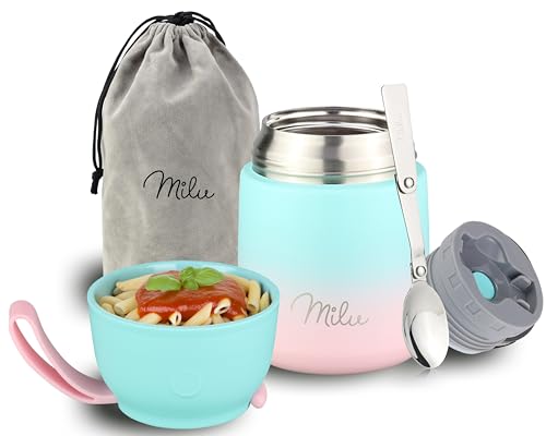 Milu® Thermobehälter für Essen 450ml, Edelstahl, Thermo Lunchbox, Suppenbehälter to go, Thermobox, Thermodose zum Warmhalten Suppen, Babybrei, Speisebehälter, breiwärmer unterwegs, Mint Pink 450ml von Milu