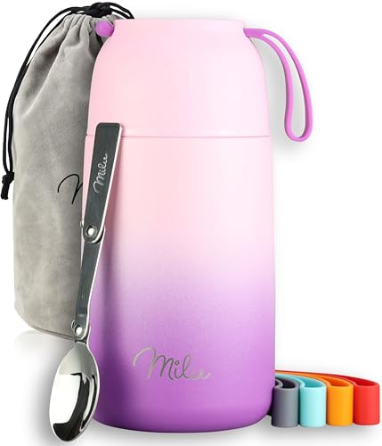 Milu® Thermobehälter für Essen 800ml, Edelstahl, Thermo Lunchbox, Suppenbehälter to go, Thermobox, Thermodose zum Warmhalten Suppen, Babybrei, Speisebehälter, breiwärmer unterwegs, Rosa Violett 800ml von Milu