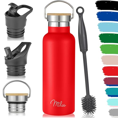 Milu Edelstahl Trinkflasche 350ml 500ml 750ml 1000ml (+3 Deckel) - Thermosflasche mit Strohhalm, Isolierte Wasserflasche, Auslaufsichere Isolierflasche doppelwandig, Kohlensäure geeignet (Rot, 500ml) von Milu