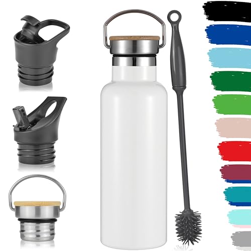 Milu Edelstahl Trinkflasche 350ml 500ml 750ml 1000ml (+3 Deckel) - Thermosflasche mit Strohhalm, Isolierte Wasserflasche, Auslaufsichere Isolierflasche doppelwandig, Kohlensäure geeignet (Weiß, 500ml) von Milu