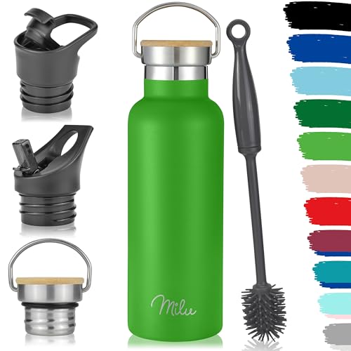 Milu Edelstahl Trinkflasche 350ml 500ml 750ml 1000ml (+3 Deckel) Thermosflasche mit Strohhalm, Isolierte Wasserflasche, Auslaufsichere Isolierflasche doppelwandig (Apfelgrün, 500ml) von Milu