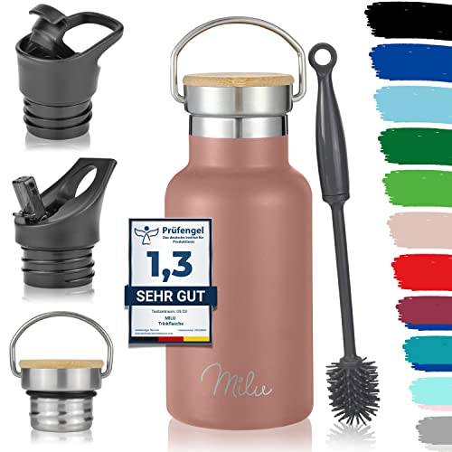 Milu Edelstahl Trinkflasche 350ml 500ml 750ml 1000ml (+3 Deckel) Thermosflasche mit Strohhalm, Isolierte Wasserflasche, Auslaufsichere Isolierflasche doppelwandig (Rose Gold, 350ml) von Milu