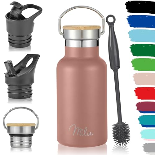 Milu Edelstahl Trinkflasche 350ml 500ml 750ml 1000ml (+3 Deckel) Thermosflasche mit Strohhalm, Isolierte Wasserflasche, Auslaufsichere Isolierflasche doppelwandig (Rose Gold, 350ml) von Milu