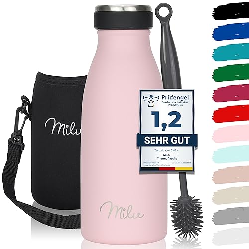 Milu Edelstahl Trinkflasche 350ml, 500ml, 750ml, 1L, 1,5L – Thermosflasche für Kinder Erwachsene auslaufsicher Isolierflasche Kohlensäure geeignet– inkl. Reinigungsbürste (Rosa, 350ml) von Milu