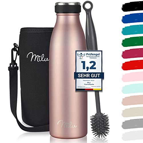 Milu Edelstahl Trinkflasche 350ml 500ml 750ml 1L 1,5L Thermosflasche Isolierte Wasserflasche Auslaufsichere Isolierflasche doppelwandig, Kohlensäure geeignet – inkl. Reinigungsbürste (Rose Gold ) von Milu