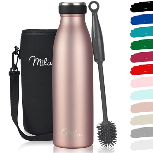 Milu Edelstahl Trinkflasche 350ml 500ml 750ml 1L 1,5L Thermosflasche Isolierte Wasserflasche Auslaufsichere Isolierflasche doppelwandig, Kohlensäure geeignet inkl. Reinigungsbürste (Rose Gold 500ml) von Milu