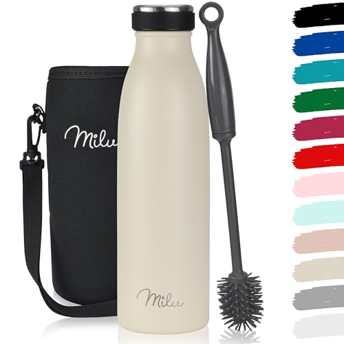 Milu Edelstahl Trinkflasche 350ml 500ml 750ml 1L 1,5L Thermosflasche Isolierte Wasserflasche Auslaufsichere Isolierflasche doppelwandig Kohlensäure geeignet inkl. Reinigungsbürste (Buttercream 500ml) von Milu