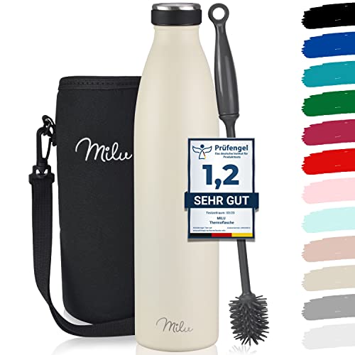 Milu Edelstahl Trinkflasche 350ml 500ml 750ml 1L 1,5L Thermosflasche Isolierte Wasserflasche Auslaufsichere Isolierflasche doppelwandig Kohlensäure geeignet – inkl. Reinigungsbürste (Buttercream, 1L) von Milu