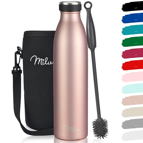 Milu Edelstahl Trinkflasche 350ml 500ml 750ml 1L 1,5L Thermosflasche Isolierte Wasserflasche Auslaufsichere Isolierflasche doppelwandig Kohlensäure geeignet – inkl. Reinigungsbürste (Rose Gold, 1L) von Milu