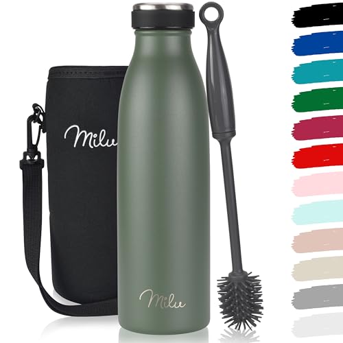 Milu Edelstahl Trinkflasche 350ml 500ml 750ml 1L 1,5L Thermosflasche Isolierte Wasserflasche, Auslaufsichere Isolierflasche doppelwandig, Kohlensäure geeignet – inkl. Reinigungsbürste (Olivgrün 500ml) von Milu
