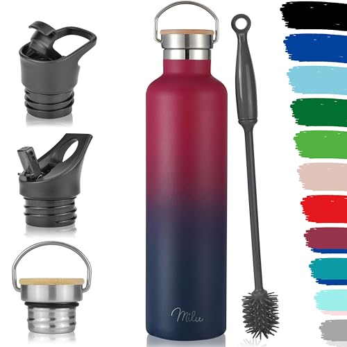 Milu Edelstahl Trinkflasche 500ml, 750ml, 1000ml (+3 Deckel) - Thermosflasche mit Strohhalm, Isolierte Wasserflasche, Auslaufsichere Isolierflasche doppelwandig, Kohlensäure geeignet (Berry Blau, 1L) von Milu