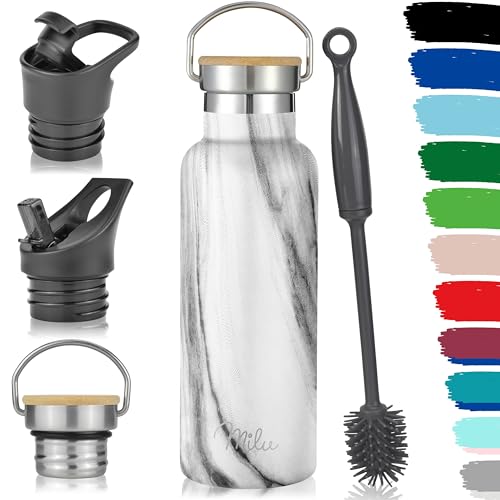 Milu Edelstahl Trinkflasche 500ml, 750ml, 1000ml (+3 Deckel) - Thermosflasche mit Strohhalm, Isolierte Wasserflasche, Auslaufsichere Isolierflasche doppelwandig, Kohlensäure geeignet (Marble, 500ml) von Milu