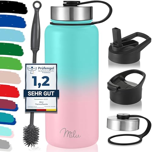 Milu Edelstahl Trinkflasche 500ml, 750ml, 1000ml (+3 Deckel) - Thermosflasche mit Strohhalm, Isolierte Wasserflasche, Auslaufsichere Isolierflasche doppelwandig, Kohlensäure geeignet (Mint Rosa, 1L) von Milu