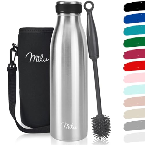 Milu Edelstahl Trinkflasche 500ml 750ml 1L 1,5L – Thermosflasche, Isolierte Wasserflasche, Auslaufsichere Isolierflasche doppelwandig, Kohlensäure geeignet – inkl. Reinigungsbürste (Edelstahl, 500ml) von Milu