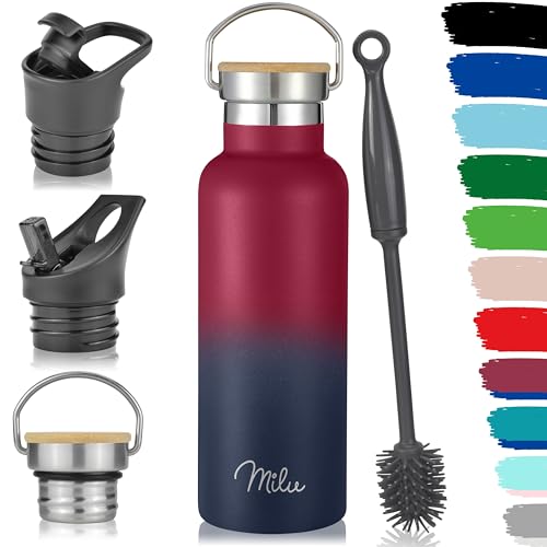 Milu Edelstahl Trinkflasche 500ml, 750ml, 1L (+3 Deckel) - Thermosflasche mit Strohhalm, Isolierte Wasserflasche, Auslaufsichere Isolierflasche doppelwandig, Kohlensäure geeignet (Berry Blau, 0,5L) von Milu