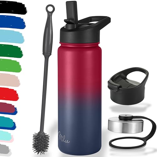 Milu Edelstahl Trinkflasche 500ml, 750ml, 1L (+3 Deckel) Thermosflasche mit Strohhalm, Isolierte Wasserflasche, Auslaufsichere Isolierflasche doppelwandig, Kohlensäure geeignet (Berry Blau, 0,5L) von Milu