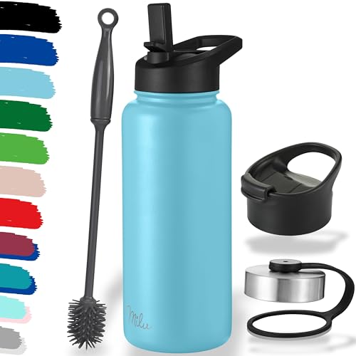 Milu Edelstahl Trinkflasche 500ml 750ml 1000ml (+3 Deckel) Thermosflasche mit Strohhalm, Isolierte Wasserflasche, Auslaufsichere Isolierflasche doppelwandig, Kohlensäure geeignet (Himmelblau, 1000ml) von Milu