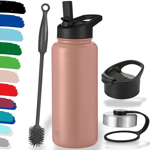 Milu Edelstahl Trinkflasche 500ml 750ml 1000ml (+3 Deckel) Thermosflasche mit Strohhalm, Isolierte Wasserflasche, Auslaufsichere Isolierflasche doppelwandig, Kohlensäure geeignet (Rose Gold, 1000ml) von Milu