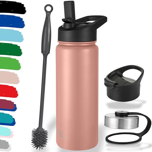 Milu Edelstahl Trinkflasche 500ml 750ml 1000ml (+3 Deckel) - Thermosflasche mit Strohhalm, Isolierte Wasserflasche, Auslaufsichere Isolierflasche doppelwandig, Kohlensäure geeignet (Rose Gold, 500ml) von Milu