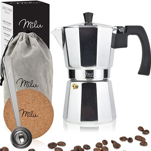 Milu Espressokocher (No Induktion) | 2, 3, 6, 9 Tassen| Aluminium Mokkakanne, Espressokanne, Espresso Maker Set inkl. Untersetzer, Löffel, Bürste (Aluminium, 2 Tassen (100ml) von Milu