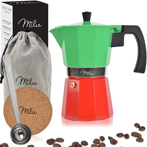 Milu Espressokocher (No Induktion) | 2, 3, 6, 9 Tassen | Aluminium Mokkakanne, Espressokanne, Espresso Maker Set inkl. Untersetzer, Löffel, Bürste (Italia, 9 Tassen (400ml) von Milu