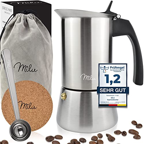 Milu Espressokocher Induktion geeignet | 2, 4, 6, 9 Tassen | Edelstahl Mokkakanne, Espressokanne, Espresso Maker Set inkl. Untersetzer, Löffel, Bürste (4 Tassen 200ml) von Milu