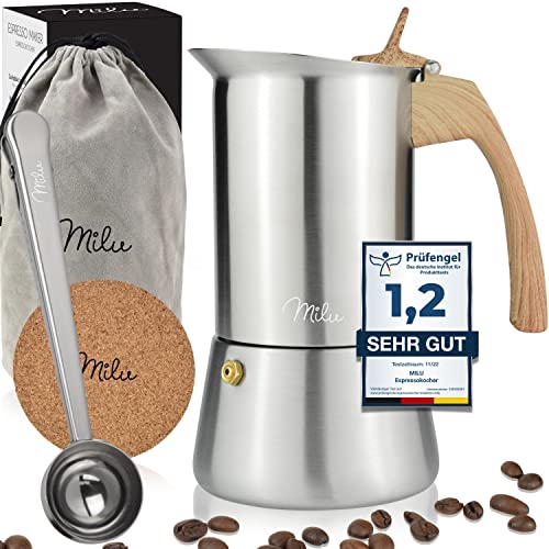 Milu Espressokocher Induktion geeignet | 2, 4, 6, 9 Tassen | Edelstahl Mokkakanne, Espressokanne, Espresso Maker Set inkl. Untersetzer, Löffel (Griff: Holzoptik, 4 Tassen (200ml)) von Milu