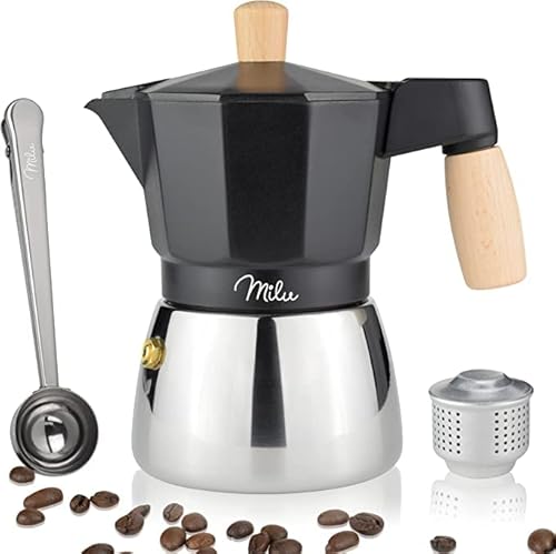 Milu Espressokocher Induktion geeignet | 3, 6, 9 Tassen | Aluminium/Edelstahl Mokkakanne, Espressokanne, Espresso Maker inkl. Löffel, Bürste (Schwarz, 3 Tassen (150ml) von Milu