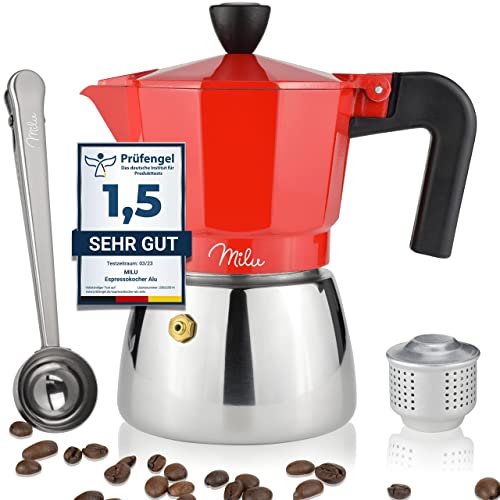 Milu Espressokocher Induktion geeignet | 3, 6, 9 Tassen | Aluminium Mokkakanne, Edelstahl Espressokanne, Espresso Maker Set inkl. Löffel, Bürste (Rot, 3 Tassen (150ml) von Milu