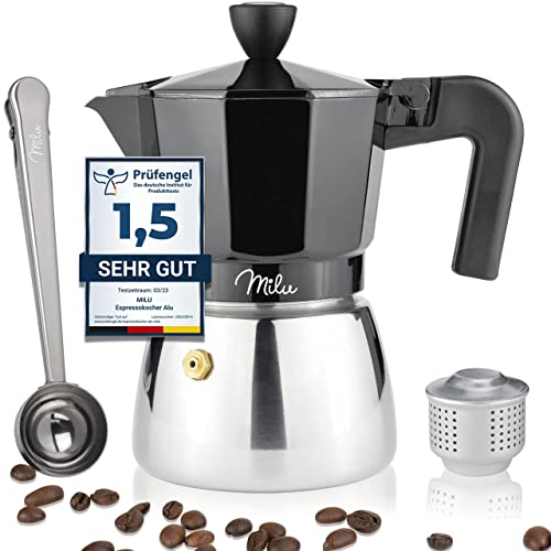 Milu Espressokocher Induktion geeignet | 3, 6, 9 Tassen | Aluminium Mokkakanne, Edelstahl Espressokanne, Espresso Maker Set inkl. Löffel, Bürste (Schwarz, 6 Tassen (300ml) von Milu