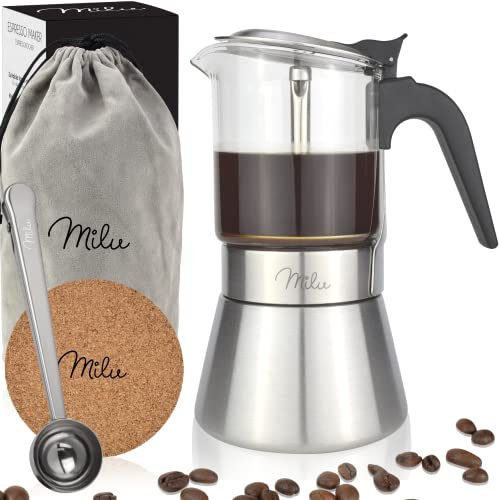 Milu Espressokocher Induktion geeignet | 4, 6 Tassen | Edelstahl Glas Mokkakanne, Espressokanne, Espresso Maker Set inkl. Untersetzer, Löffel, Bürste (4 Tassen 200ml) von Milu