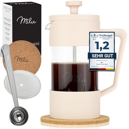 Milu French Press Kaffeebereiter | 350ml, 600ml, 1L | Glas Kaffeepresse, Kaffeezubereiter für Zuhause Reisen Camping inkl. Untersetzer, Löffel, Ersatzfilter (Beige, 1000ml (5 Tassen) von Milu