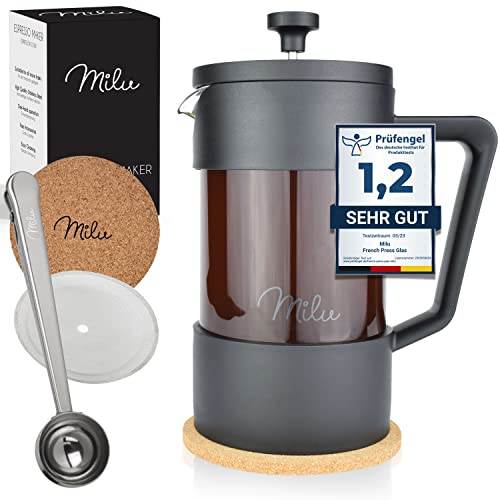 Milu French Press Kaffeebereiter | 350ml, 600ml, 1L | Glas Kaffeepresse, Kaffeezubereiter für Zuhause Reisen Camping inkl. Untersetzer, Löffel, Ersatzfilter (Schwarz, 1000ml (5 Tassen) von Milu