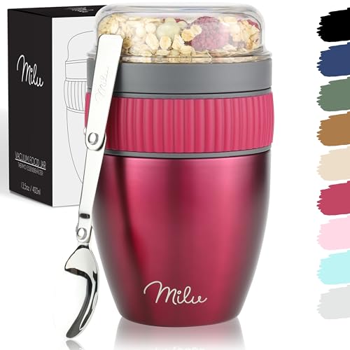 Milu Müslibecher to go 400ml MüsliMax I isolierter Edelstahl Joghurtbecher für Müsli I auslaufsicherer Becher mit Löffel für Yoghurt/Porridge (Berry) von Milu