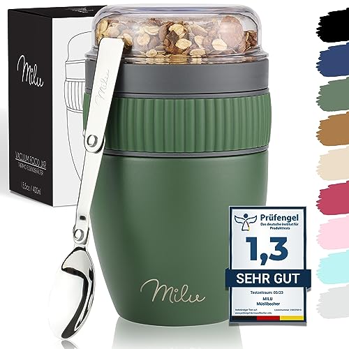 Milu Müslibecher to go 400ml I isolierter Edelstahl Joghurtbecher für Müsli I auslaufsicherer Becher mit Löffel für Yoghurt/Porridge (Olivegrün) von Milu