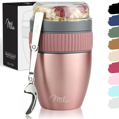 Milu Müslibecher to go 400ml MüsliMax I isolierter Edelstahl Joghurtbecher für Müsli I auslaufsicherer Becher mit Löffel für Yoghurt/Porridge (Rose Gold) von Milu