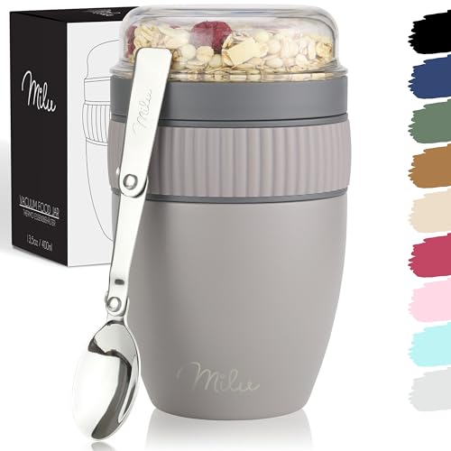 Milu Müslibecher to go 400ml MüsliMax I isolierter Edelstahl Joghurtbecher für Müsli I auslaufsicherer Becher mit Löffel für Yoghurt/Porridge (Taupe Grau) von Milu