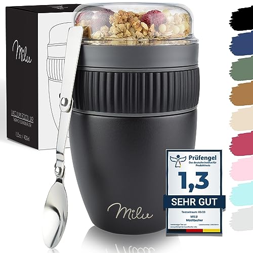 Milu Müslibecher to go 400ml I isolierter Edelstahl Joghurtbecher für Müsli I auslaufsicherer Becher mit Löffel für Yoghurt/Porridge (Schwarz) von Milu