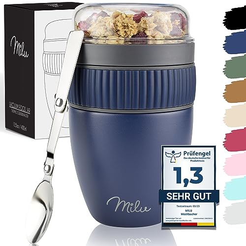 Milu Müslibecher to go 400ml I isolierter Edelstahl Joghurtbecher für Müsli I auslaufsicherer Becher mit Löffel für Yoghurt/Porridge (Navyblau) von Milu