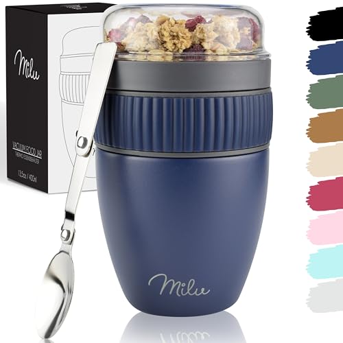 Milu Müslibecher to go 400ml MüsliMax I isolierter Edelstahl Joghurtbecher für Müsli I auslaufsicherer Becher mit Löffel für Yoghurt/Porridge (Navyblau) von Milu