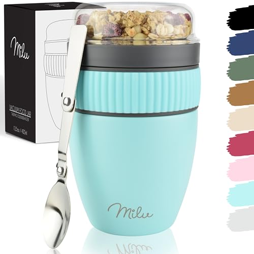 Milu Müslibecher to go 400ml I isolierter Edelstahl Joghurtbecher für Müsli I auslaufsicherer Becher mit Löffel für Yoghurt/Porridge (Türkis) von Milu