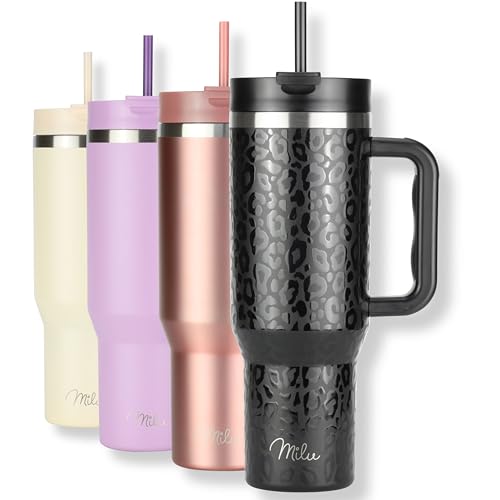Milu Thermobecher 1,2L mit Strohhalm und Henkel 48h Eis/24h kalt/12h heiß Edelstahl Tumbler 40oz mit Griff - Isolierbecher to go Isolierflasche Trinkflasche doppelwandig isoliert (Black Leopard, 1,2L) von Milu
