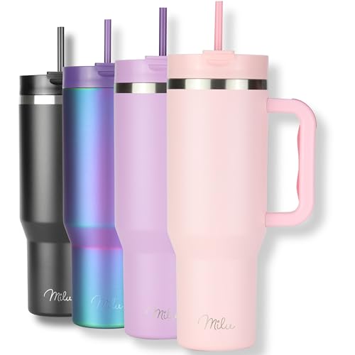 Milu Thermobecher 1,2L mit Strohhalm und Henkel – 48h Eis/24h kalt/12h heiß Edelstahl Tumbler 40oz mit Griff Isolierbecher to go Isolierflasche Trinkflasche doppelwandig isoliert (Blossom Pink, 1,2L) von Milu