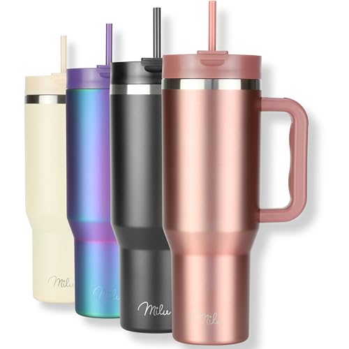 Milu Thermobecher 1,2L mit Strohhalm und Henkel – 48h Eis/24h kalt/12h heiß Edelstahl Tumbler 40oz mit Griff - Isolierbecher to go - Isolierflasche Trinkflasche doppelwandig isoliert (Rose Gold, 1,2L) von Milu
