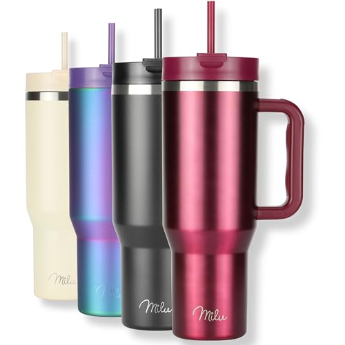 Milu Thermobecher 1200ml mit Strohhalm und Henkel 48h Eis/24h kalt/12h heiß Edelstahl Tumbler 40oz mit Griff Isolierbecher to go Isolierflasche Trinkflasche doppelwandig isoliert (Berry, 1,2L) von Milu