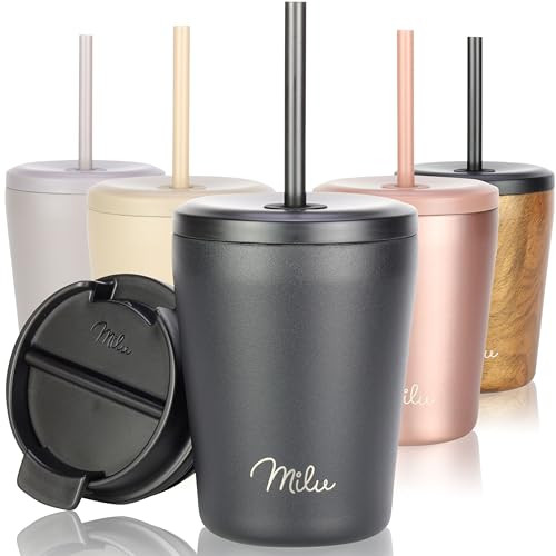 Milu Thermobecher 300ml - 100% Auslaufsicher - Edelstahl Kaffeebecher to go isoliert mit Strohhalm hält 10h heiß / 20h kalt, BPA-frei (Schwarz, 300ml) von Milu