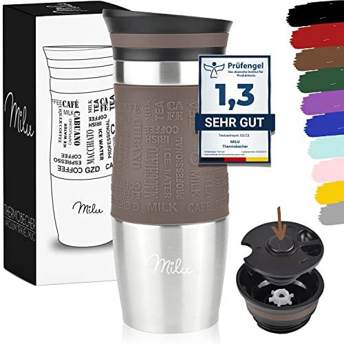 Milu Thermobecher 370ml 450ml Isolierbecher Kaffeebecher to go - 100% Auslaufsicher - Trinkbecher aus Edelstahl - Autobecher doppelwand Isolierung - Thermo Becher - Travel Mug (Braun, 370ml) von Milu