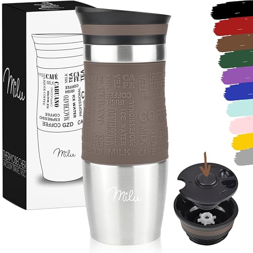 Milu Thermobecher Kaffee to go 370ml, 450ml Isolierbecher Kaffeebecher - 100% Auslaufsicher - Trinkbecher aus Edelstahl - Autobecher doppelwand Isolierung - Thermo Becher - Travel Mug (Braun, 370ml) von Milu