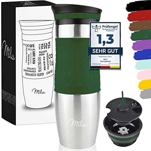 Milu Thermobecher 370ml 450ml Isolierbecher Kaffeebecher to go - 100% Auslaufsicher - Trinkbecher aus Edelstahl - Autobecher doppelwand Isolierung - Thermo Becher - Travel Mug (Olivgrün, 450ml) von Milu